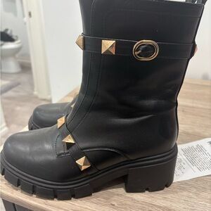 Black Leather Ankle Boots with Gold Accents